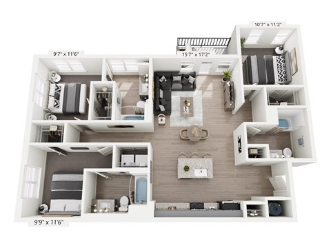Grove 3-bedroom, 3-bathroom apartment at Nook Nine in Indianapolis, IN, boasting a spacious open-concept design, high-end kitchen with premium finishes, private balcony, walk-in closets, and three full bathrooms, offering elevated living near Keystone at the Crossing.